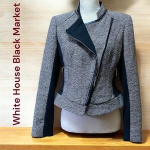 WHBM-10 petite Faux Leather-Trim/Tweed zippered moto jacket/blazer. EUC like new